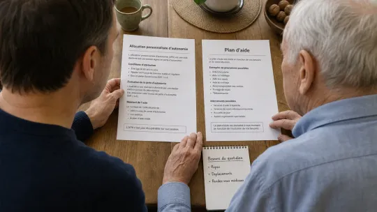 Un fils adulte et son père âgé, côte à côte, examinent un dossier d'allocation personnalisée d'autonomie à la table de la cuisine