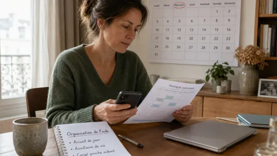 Une aidante familiale organise un planning d'aide et de répit à sa table, avec un carnet et un téléphone