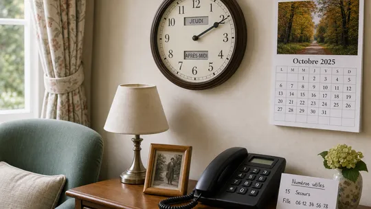 Horloge lisible, calendrier mural et téléphone avec numéros utiles dans un coin de salon bien rangé