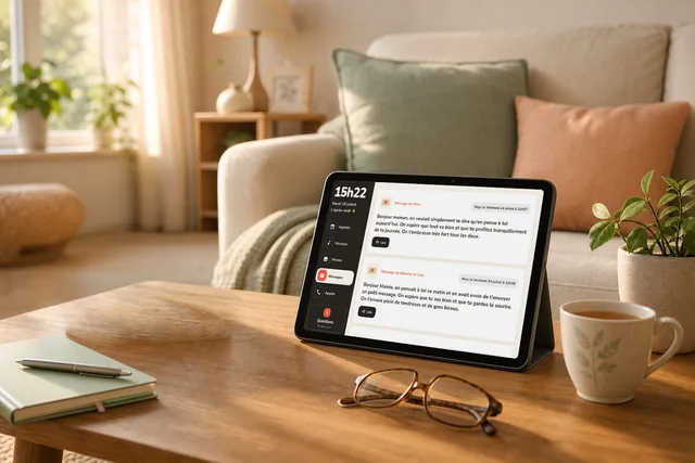 Tablette Cogniti affichant des messages familiaux dans un salon lumineux