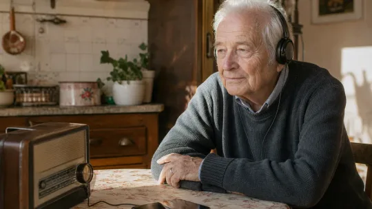 Homme âgé écoutant calmement de l'audio avec un casque, un smartphone posé sur la table de cuisine