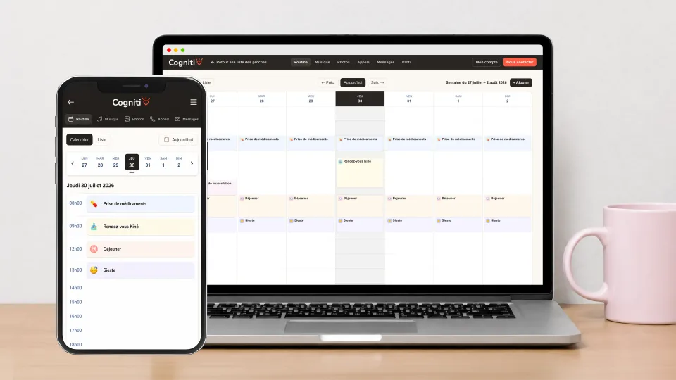 Interface de l’espace aidant Cogniti pour gérer l’agenda : rendez-vous, routines et rappels