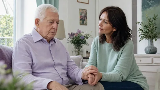 Aidante rassurant calmement son père âgé dans le salon