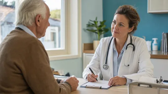 Homme âgé en consultation avec sa médecin traitante
