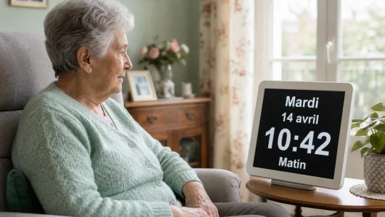 Femme âgée regardant une horloge calendrier numérique affichant le jour et l'heure dans son salon