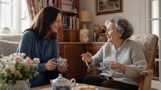 Une bénévole partage un moment de convivialité autour d'une tasse de thé avec une femme âgée dans son salon