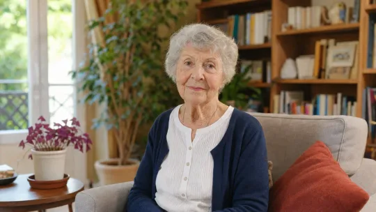 Une femme âgée assise dans son salon, un livre à la main, regardant calmement vers la lumière