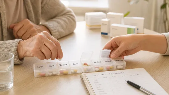 Mains préparant un pilulier hebdomadaire labellisé en français, avec un carnet de suivi des prises